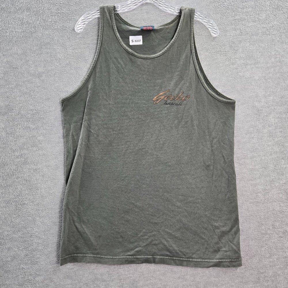 VINTAGE Gecko Hawaii Men Tank Top Large Green Surfboards Graphic 90s Pullover